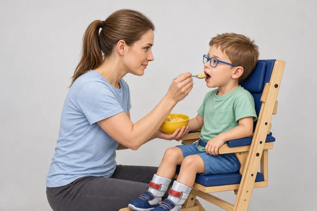Mère qui nourrit son enfant handicapé assis sur une chaise adaptée