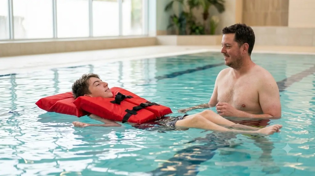 Enfant handicapé qui utilise une veste de flottaison adaptée pour la baignade